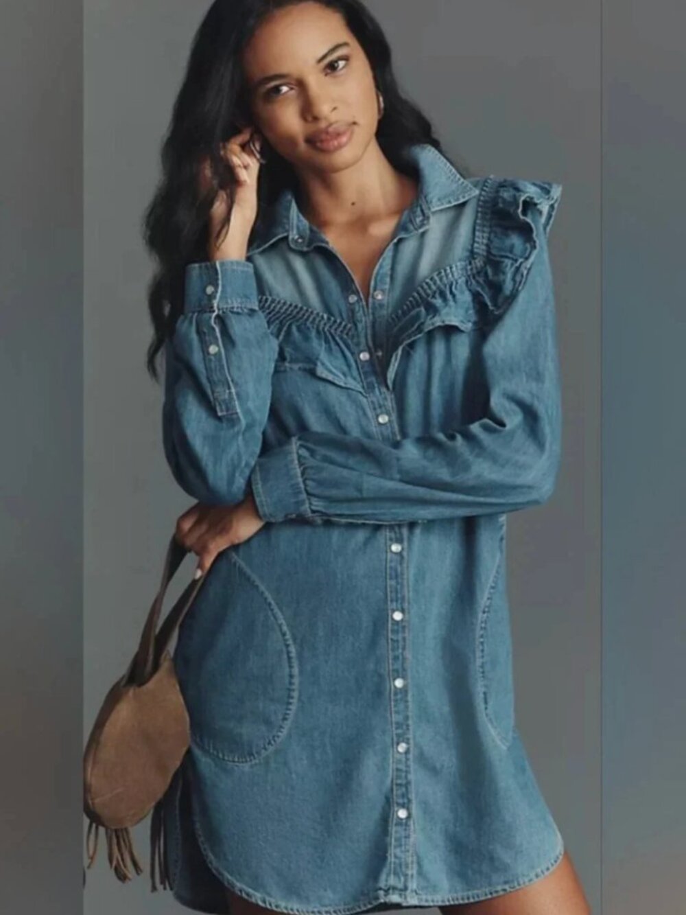 NWT Anthropologie Pilcro Mini Shirt Dress Long Sleeve Ruffled Denim Size Large